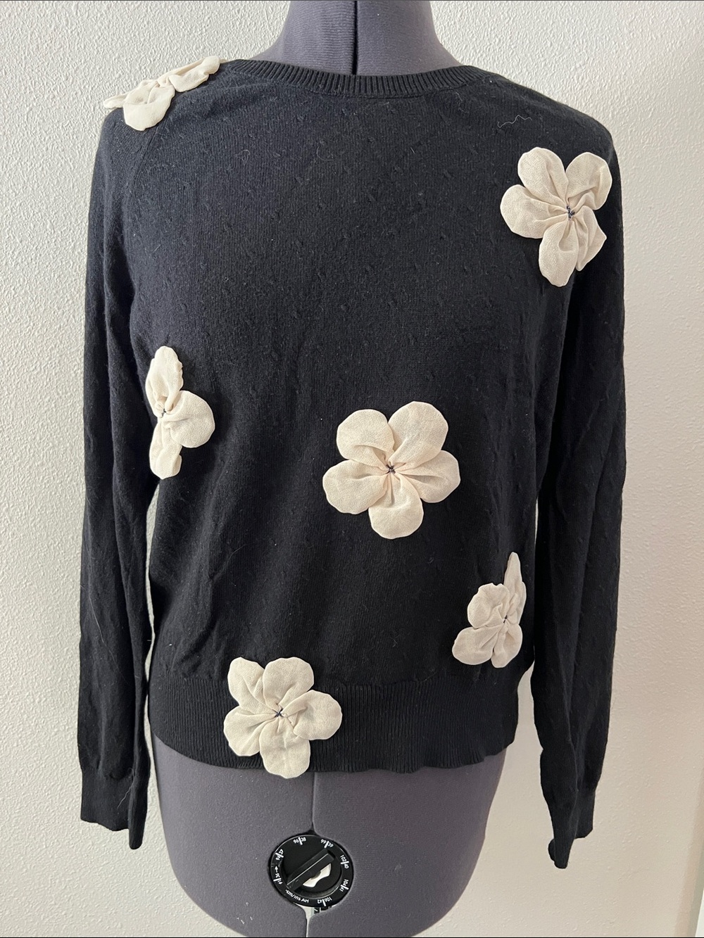 Anthropologie/Moth Black Crewneck Sweater with Cream Floral Appliqués